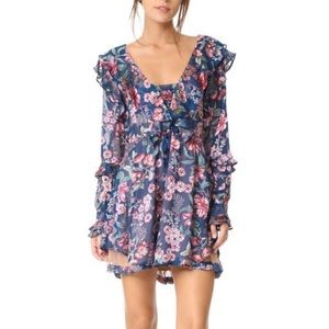 For Love & Lemons Flora Floral Long Sleeve Periwinkle Mini Ruffled Boho Dress